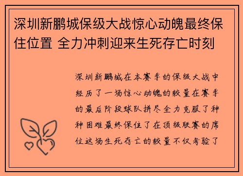 深圳新鹏城保级大战惊心动魄最终保住位置 全力冲刺迎来生死存亡时刻 深圳新鹏城保级大战惊心动魄最终保住位置 全力冲刺迎来生死存亡时刻